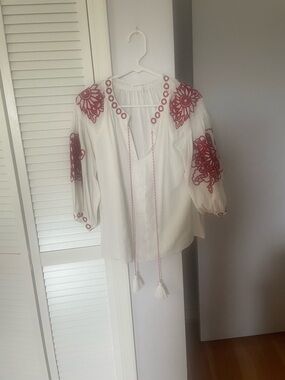 Free the Roses White Blouse with Red Floral Embroidery